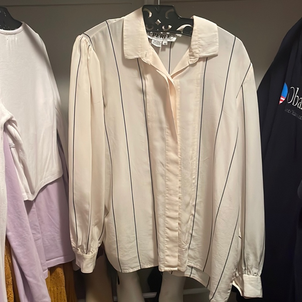 Vintage PERLE button up professional blouse cream white & navy blue stripes